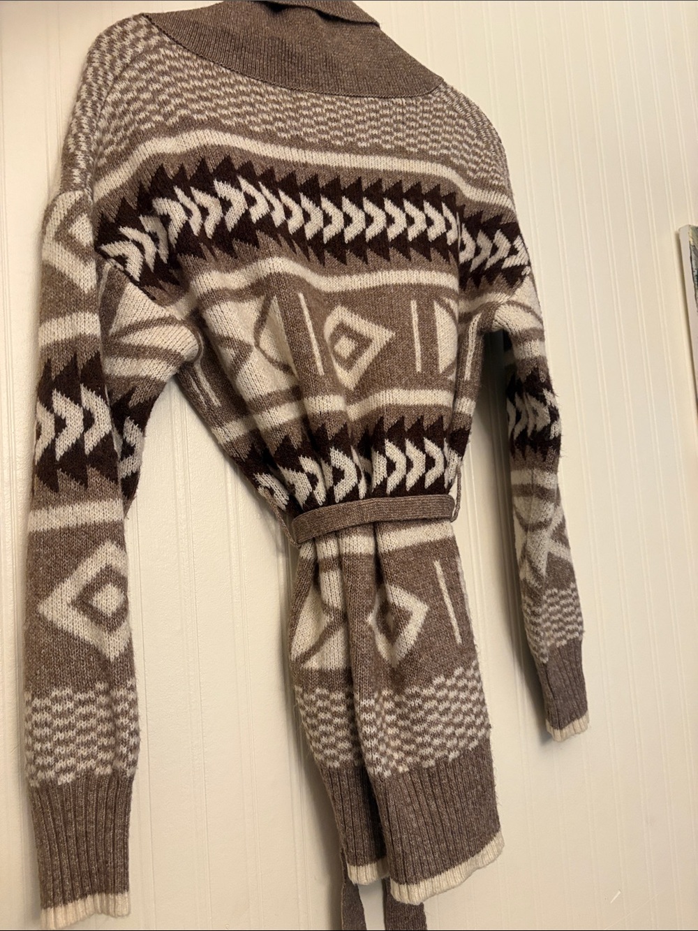 London Kaye Shawl Collar Patterned Cardigan Sweater - Brown/Cream - Picture 5 of 5